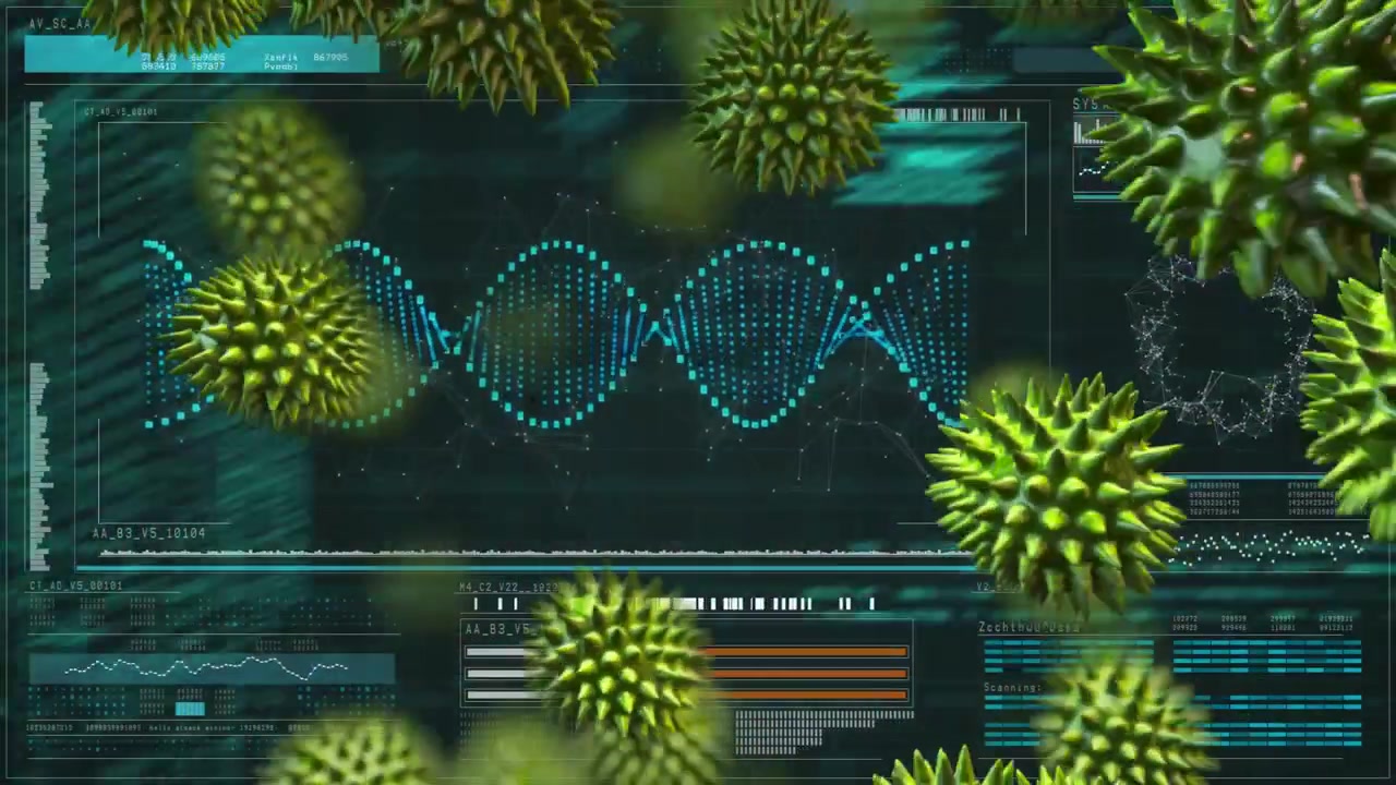 Spiky green spheres drifting across interface after pulsing DNA helix to visualize data flows