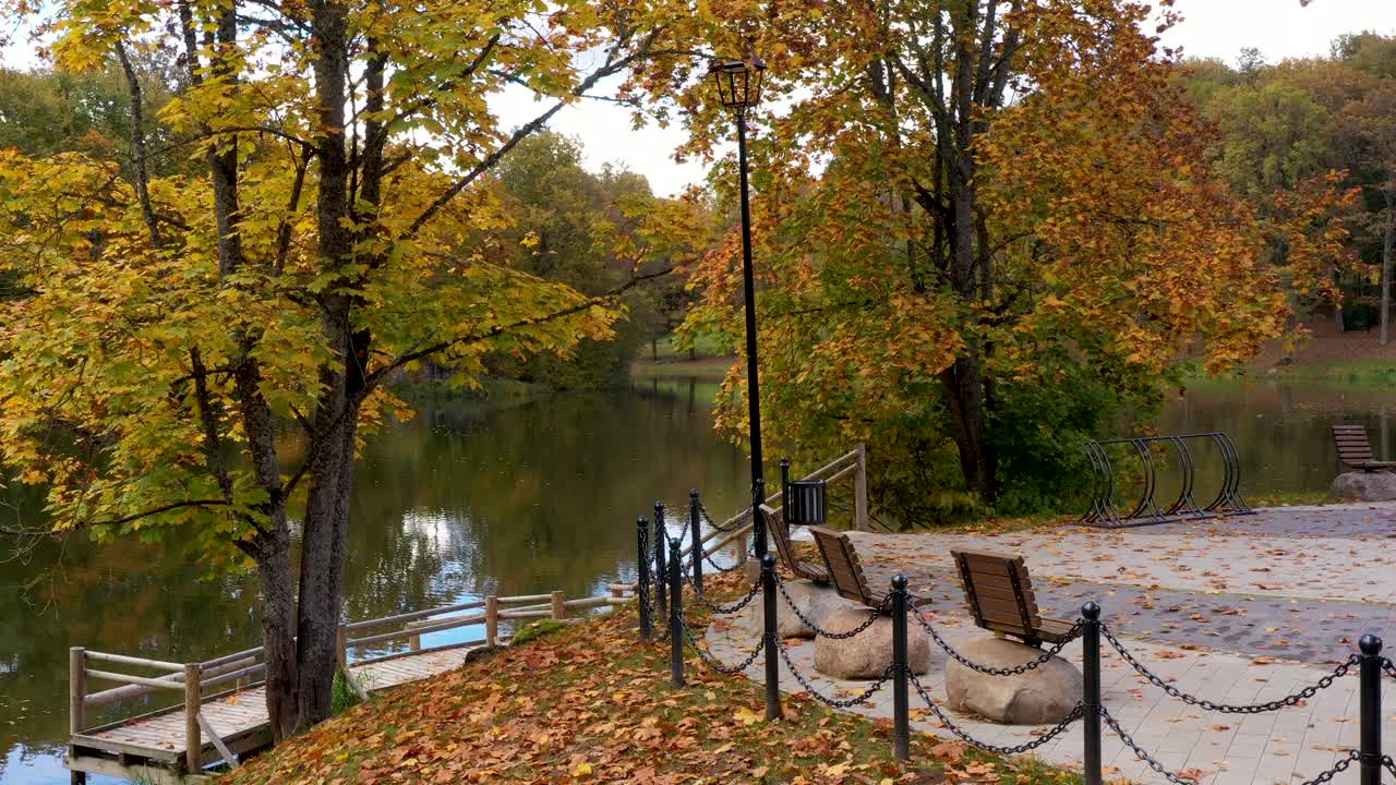bancos de parque cerca del agua tranquila del lago en la temporada de otoño, vista aérea