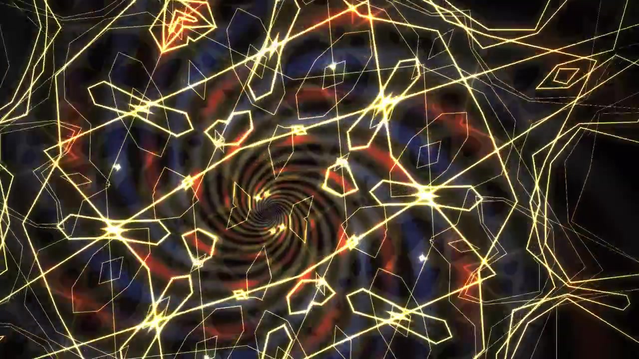 Plynulá smyčka zářících geometrických linií tvořících kaleidoskopický tunel