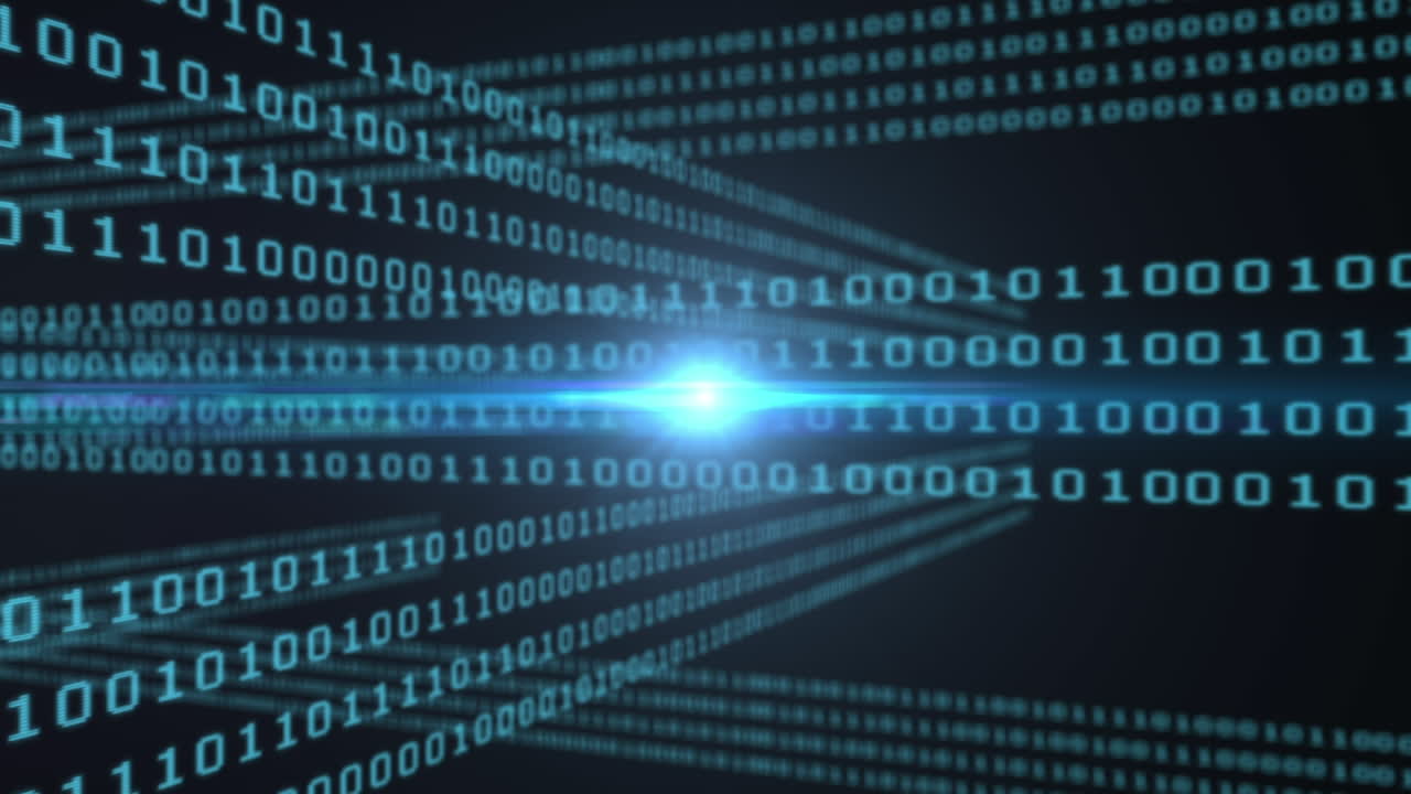 Animation of data processing and binary coding on blue background