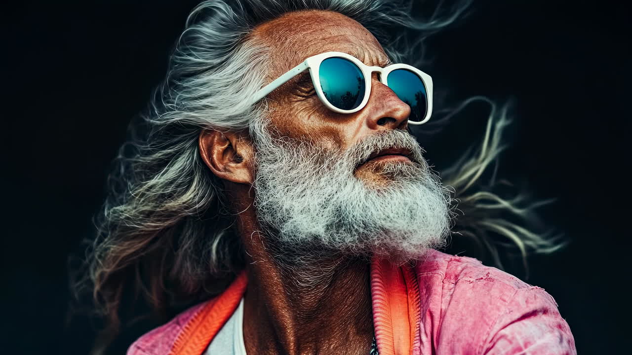 Trendy old man with long hair. An older man with long, flowing hair wears trendy sunglasses and exhibits a confident expression outdoors