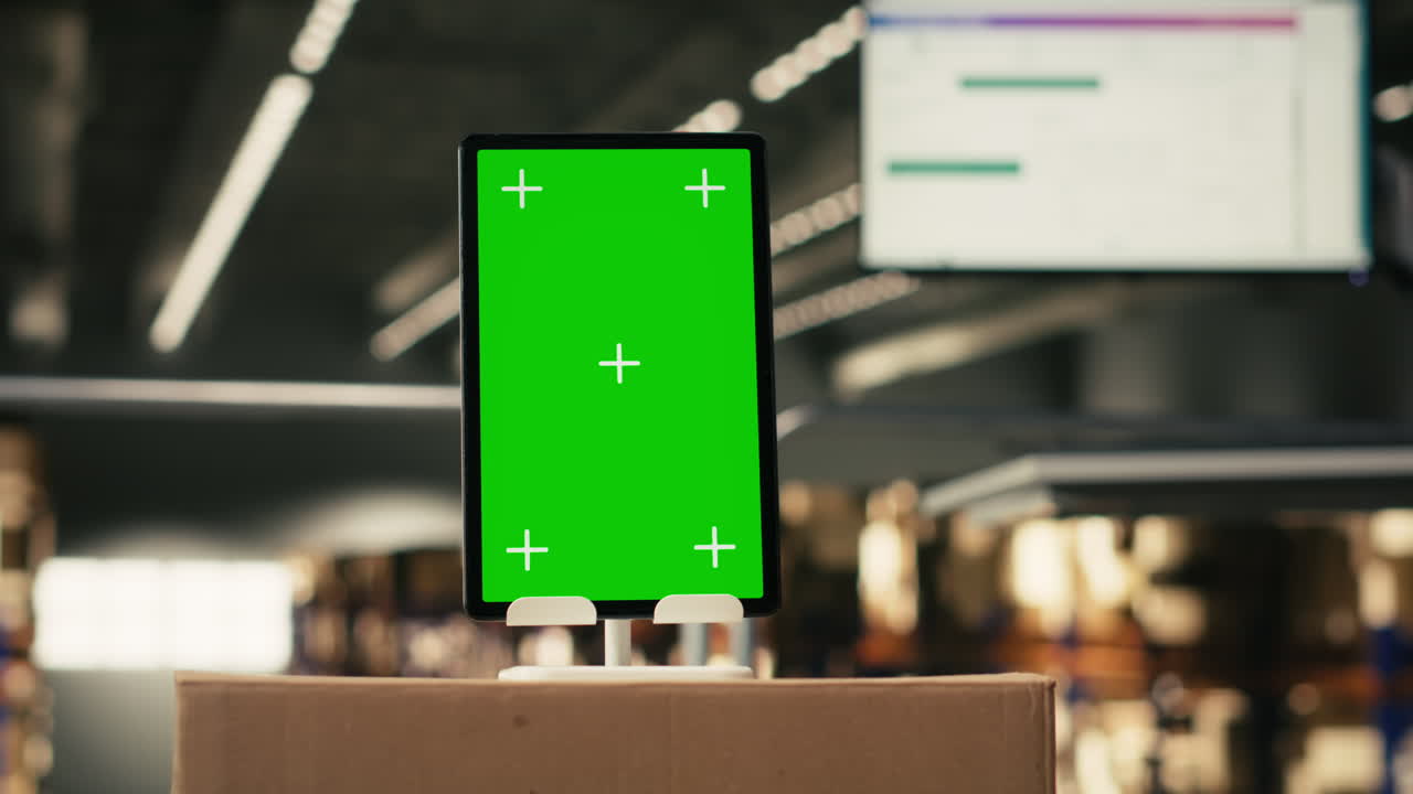 Tablet con mockup a schermo verde in un ambiente di magazzino