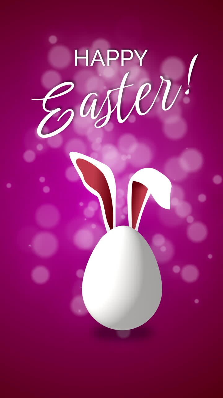 White jumping Easter egg with bunny ears. Happy Easter. Looped festive animation on pink background with blurred circles. Vertical video.