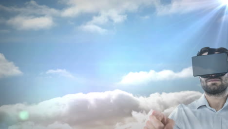 animación de un hombre con auriculares vr contra el cielo con nubes