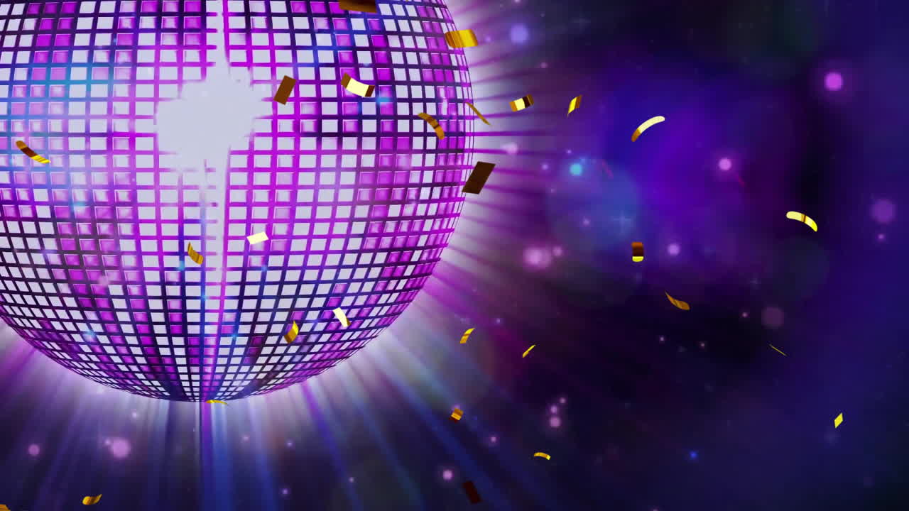 animación de confeti cayendo sobre la pelota de discoteca del espejo sobre fondo negro