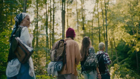 tourists with backpacks exploring forest during vacation