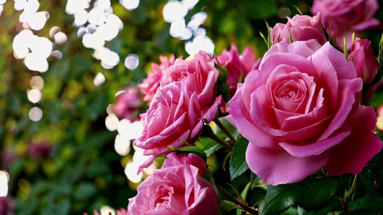 Close-up video of blooming pink roses with soft sunlight filtering through leaves