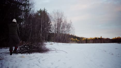 Der-Mann-Sammelt-Im-Winter-In-Indre-Fosen,-Provinz-Trondelag,-Norwegen,-Anzündholz-Zur-Verwendung-Als-Brennholz-–-Statische-Aufnahme