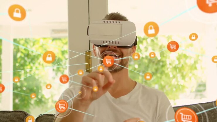 Animation of network of connections with icons over man wearing vr headset