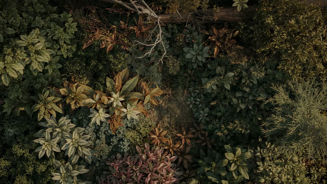 Shifting drone revealing planted bed overhead in park, showing variegated leaves and bare branch