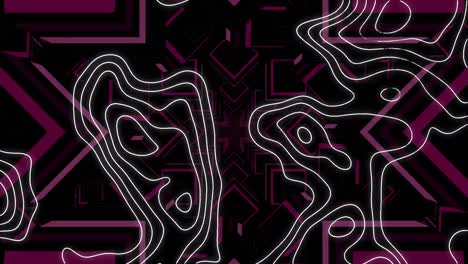 Animation-of-white-contour-lines-over-kaleidoscopic-pink-shapes,-moving-on-black