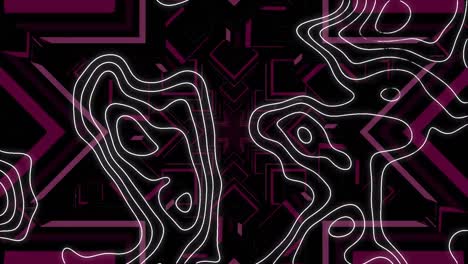 animación de líneas de contorno blancas sobre formas rosadas caleidoscópicas, moviéndose en negro