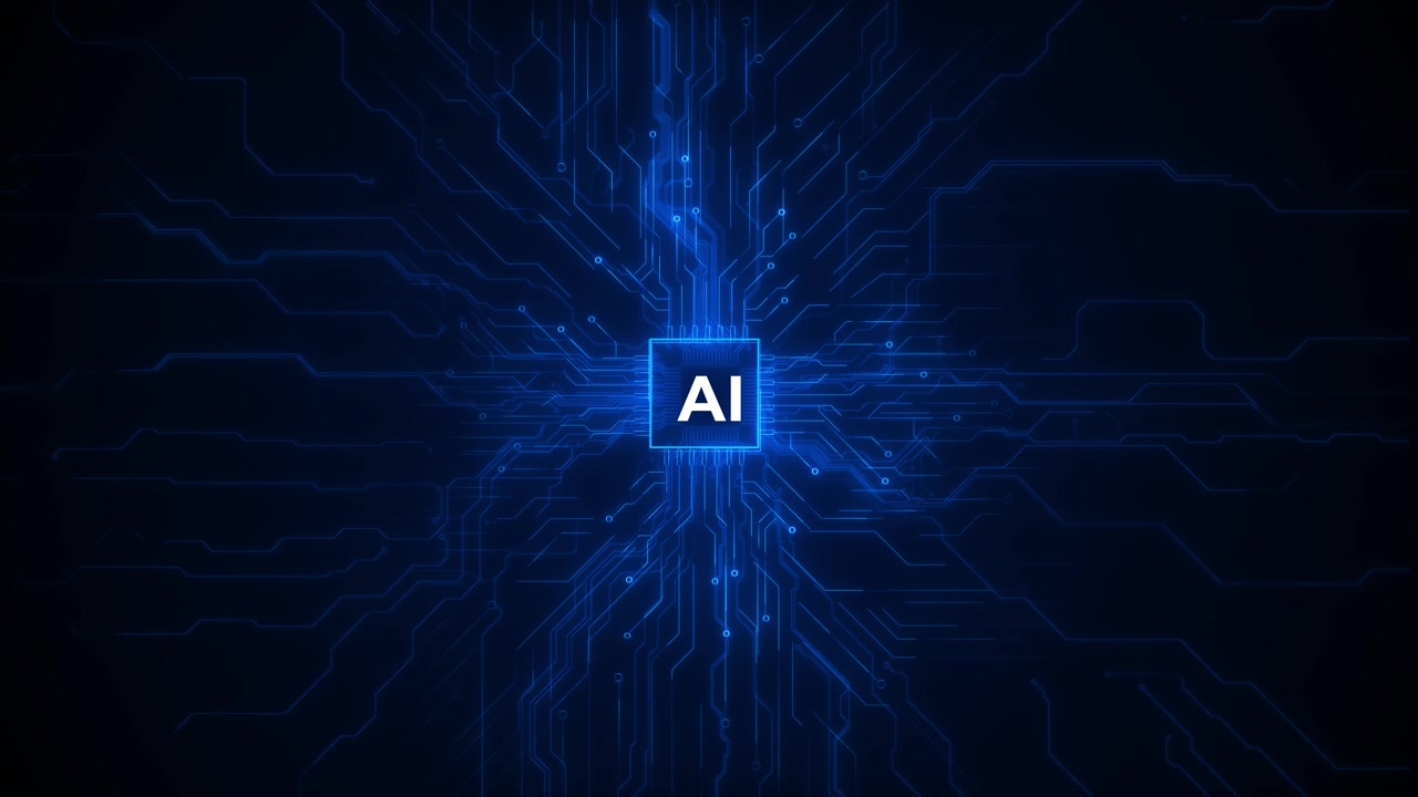 Sfondo tecnologico con circuito stampato AI, chip elettronico, spazio digitale per intelligenza artificiale.
