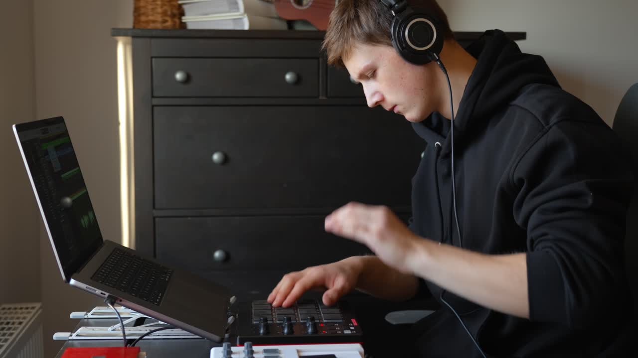 Musician playing a MIDI drum pad controller while producing music at home