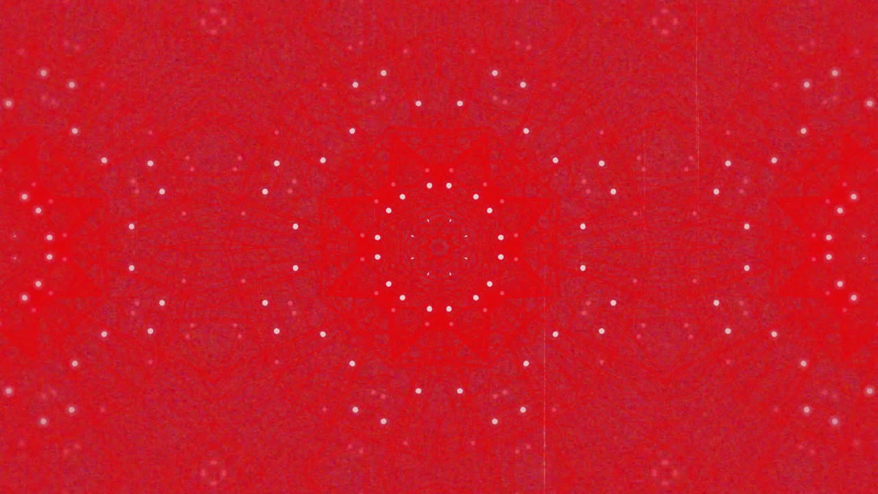 Animation of moving kaleidoscopic star and hexagon pattern with white lights on red background