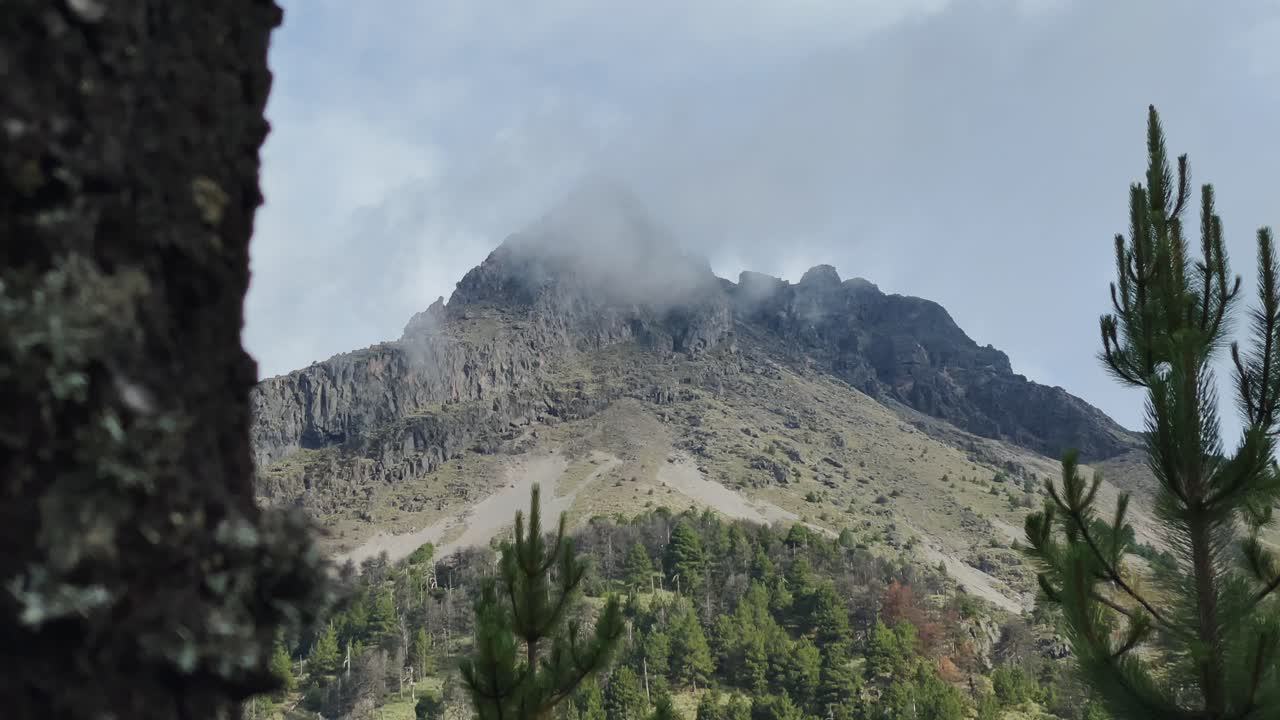 Mountain landscape with trees and clouds