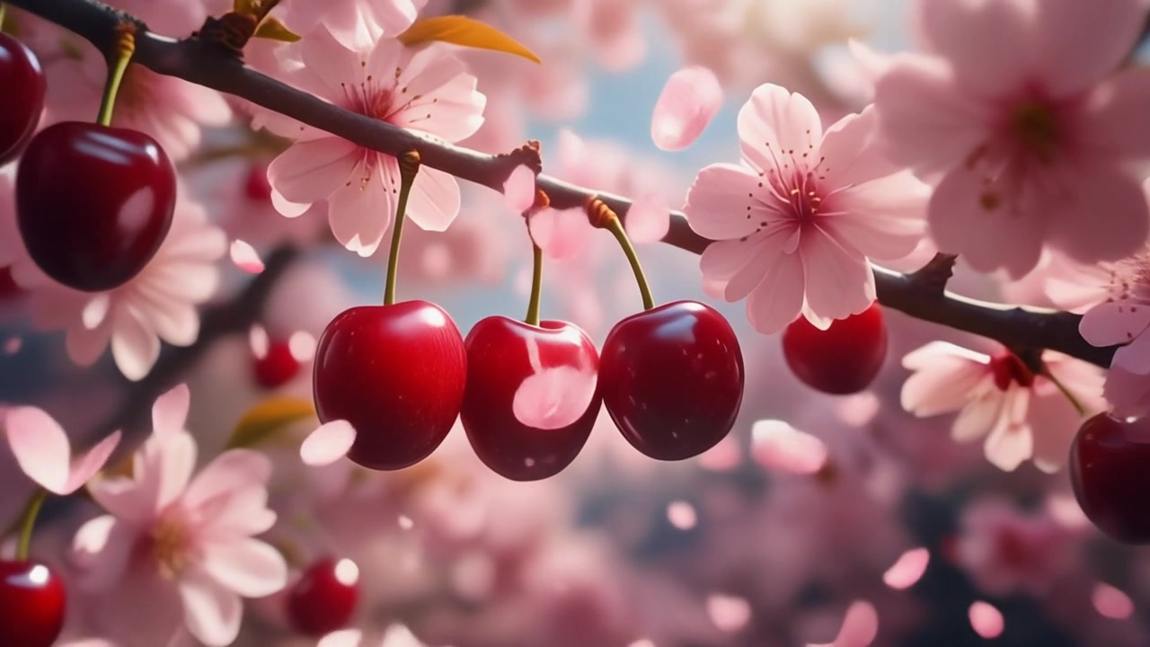 Ciliegie rosse fresche appese a un ramo di ciliegio in fiore