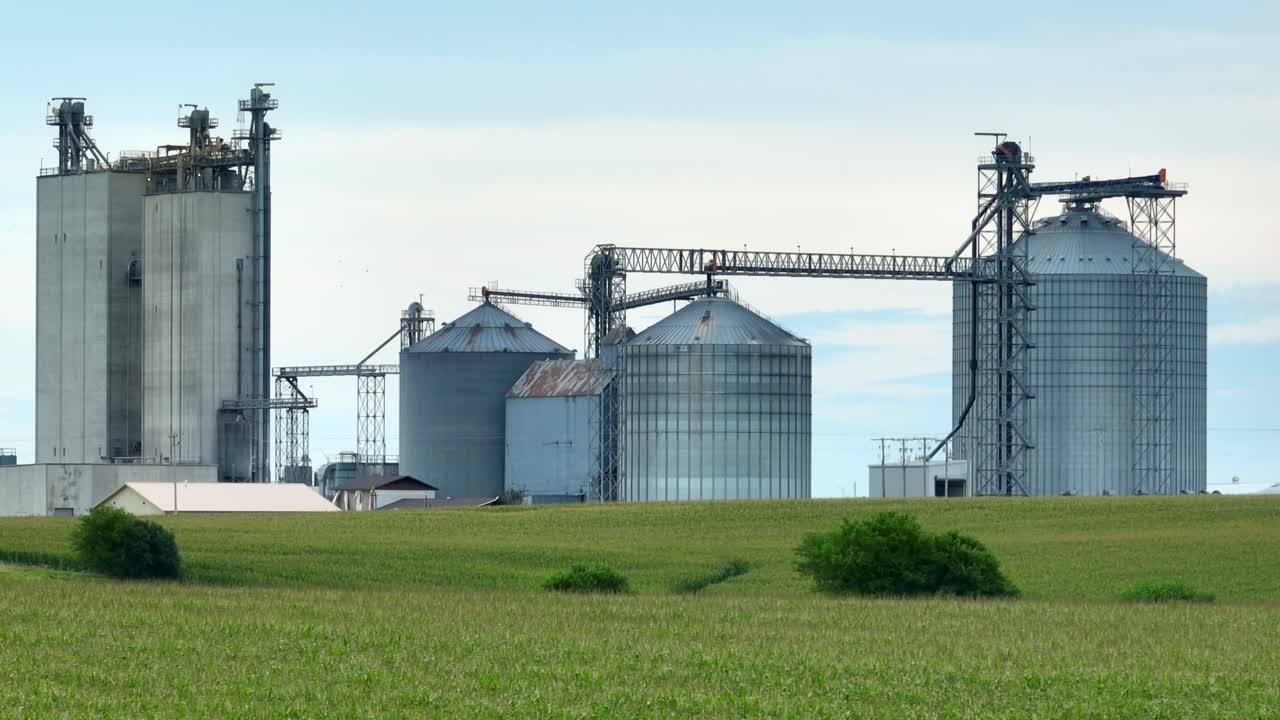 Corn fields and grain elevators in rural USA