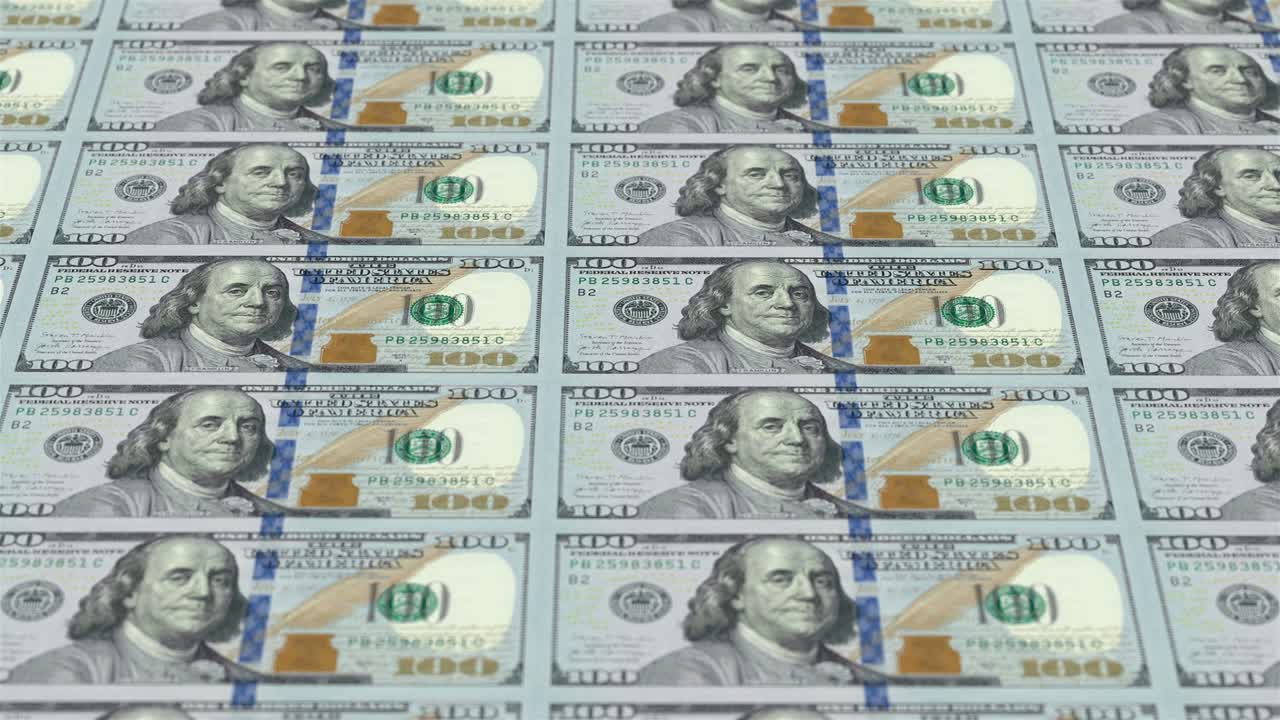 돈 인쇄 애니메이션 비즈니스 달러 금융 공장 개념 산업 경제 과정 3d 렌더링