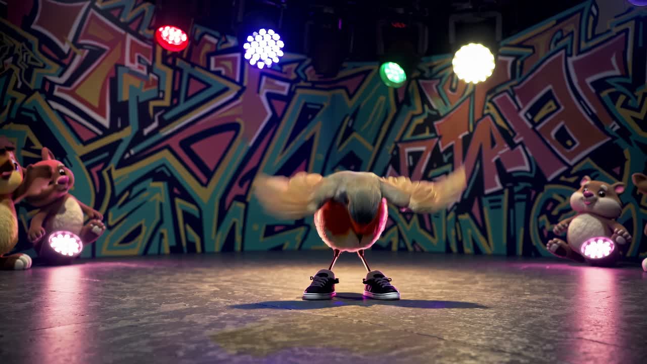 Robin Dancing on a Stage with Graffiti Background