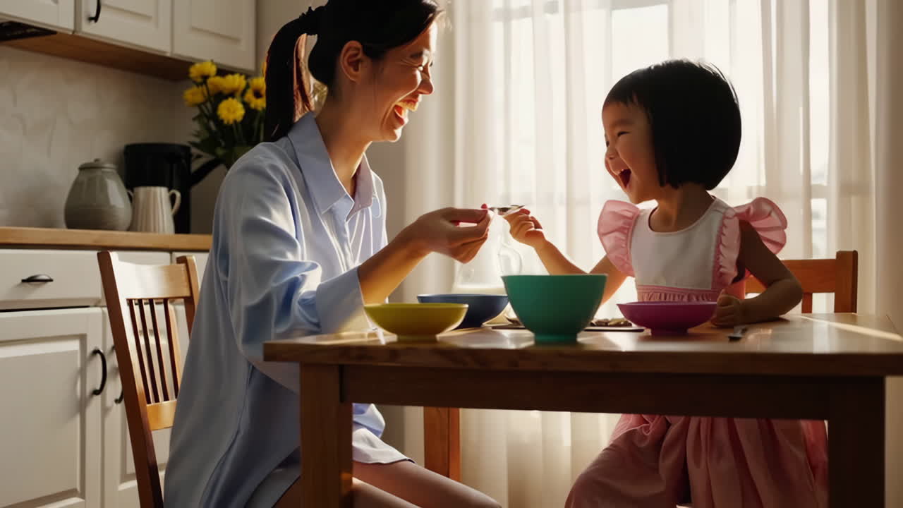 어머니 와 딸 이 함께 아침 식사를 하고 있다