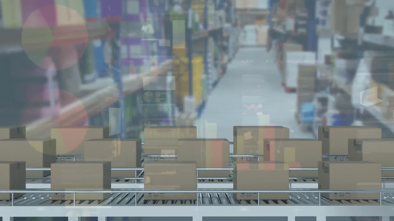 анимация обработки статистики над картонными коробками на конвейерных лентах