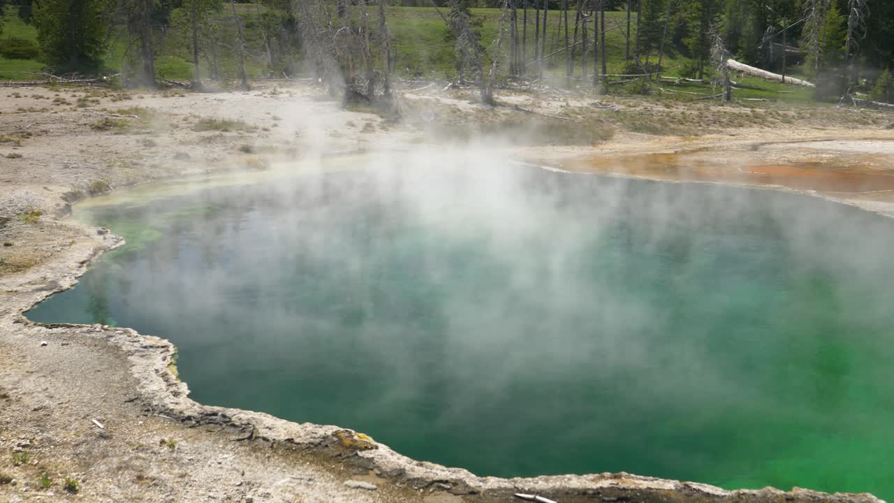 el vapor se eleva desde el géiser verde vibrante en el parque nacional de yellowstone
