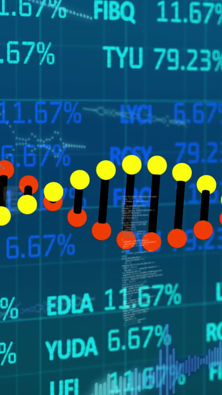 animación de la cadena de adn y procesamiento de datos en fondo azul