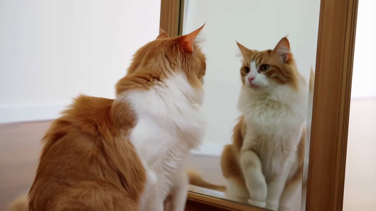 鏡に映る自分を見つめ、前足で触る好奇心旺盛な猫