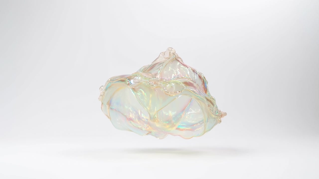 A centered translucent abstract form with an iridescent surface floats against a clean white background, lit softly in a minimal studio setting with a faint