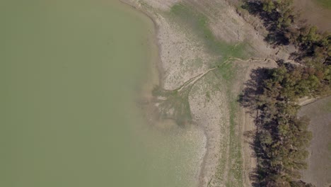 Aerial-top-down-shot-of-the-drying-lake-of-Pozzillo-near-Regalbuto,-Sicily,-Italy-showing-the-problems-with-drought