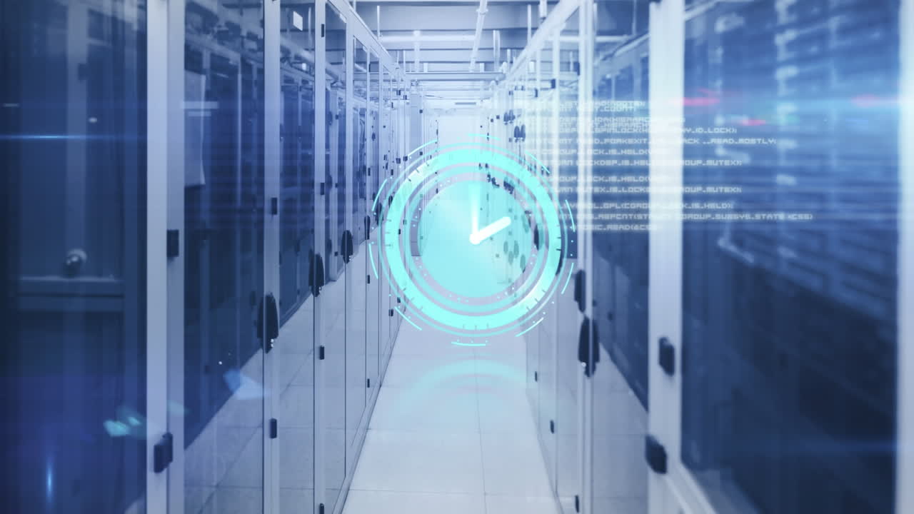 Animation of ticking clock and data processing against computer server room