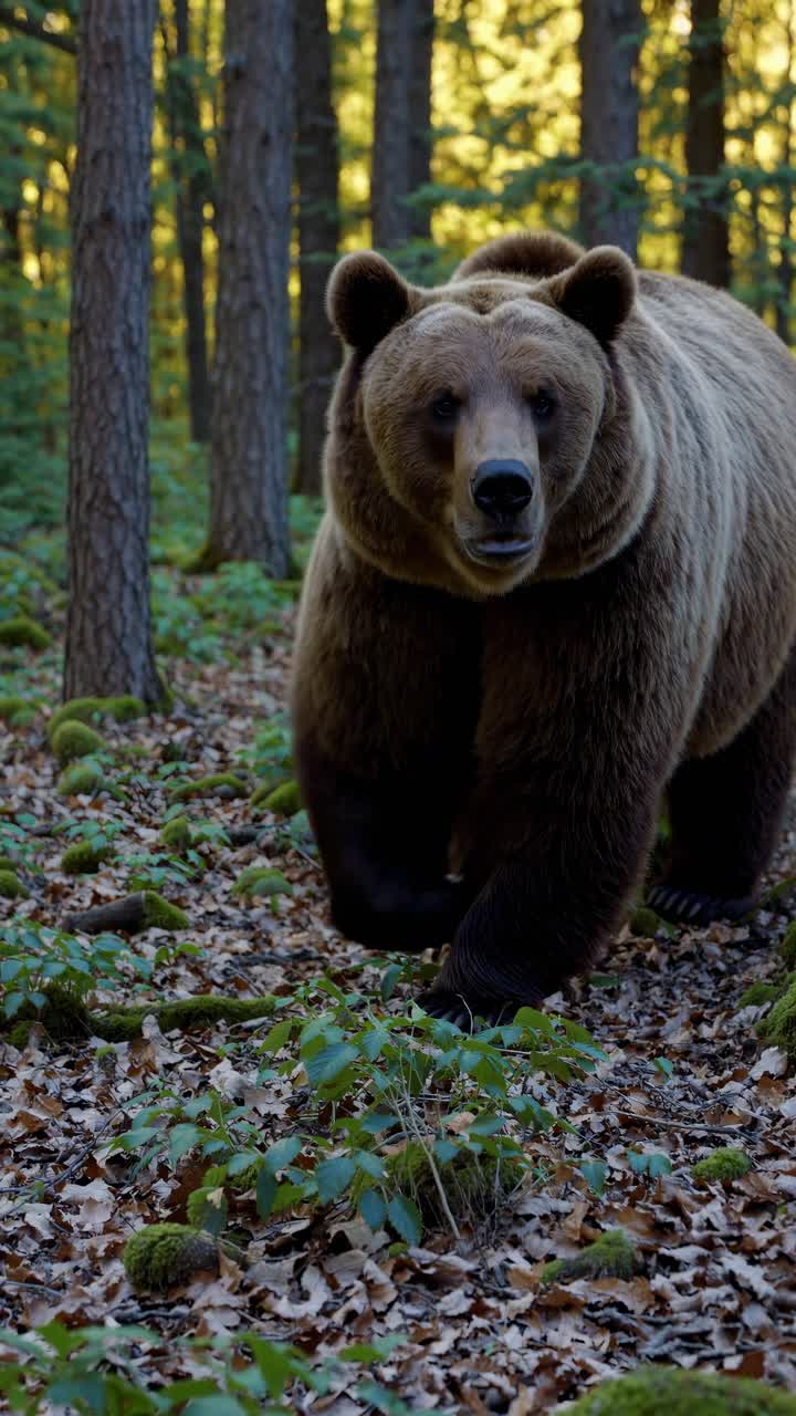 Poderoso oso pardo caminando lentamente a través de un bosque iluminado por el sol