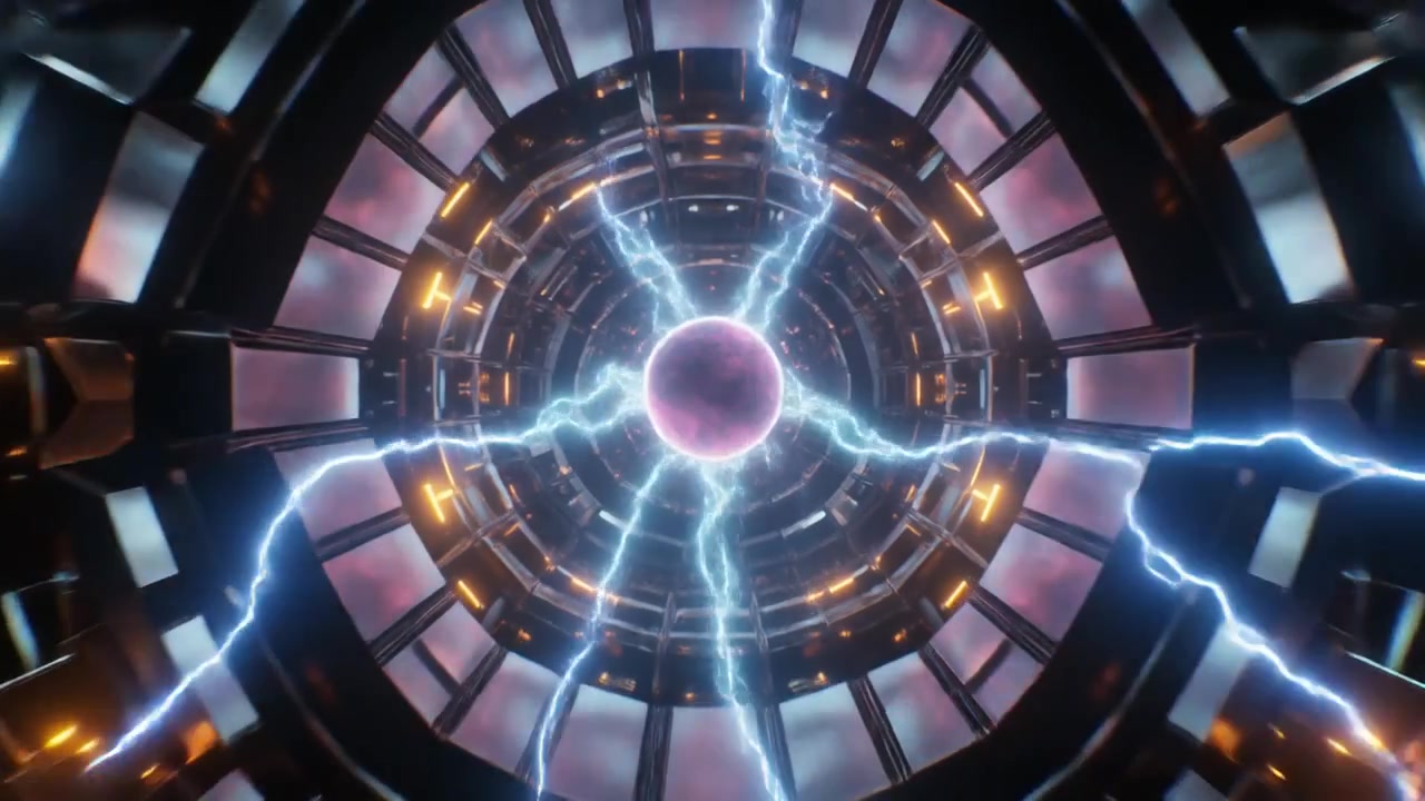 Nucleo energetico futuristico con archi elettrici all'interno di un tunnel metallico
