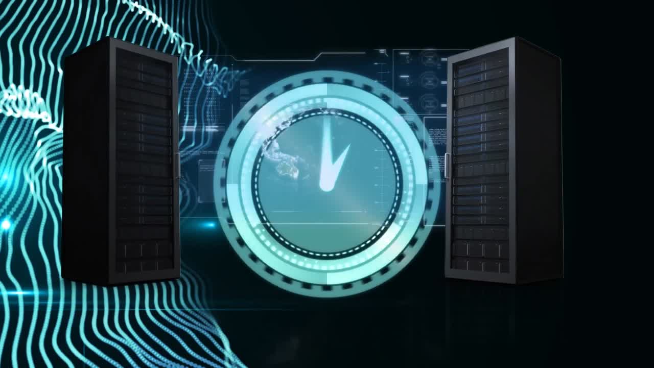 Animation of clock moving fast over digital screen with computer servers