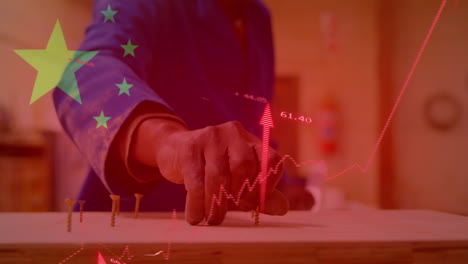 animación de procesamiento de datos financieros, bandera de china sobre trabajador masculino en la fábrica