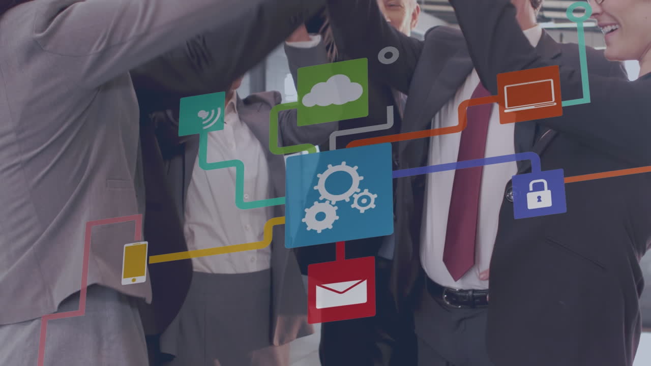 animación de iconos de los medios y diversas personas de negocios en la oficina