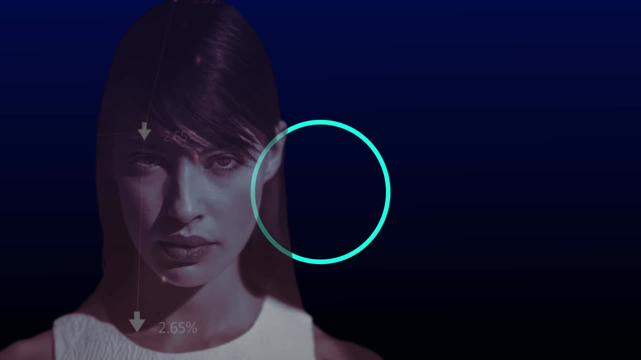 retrato de una mujer contra círculos brillantes sobre un fondo azul