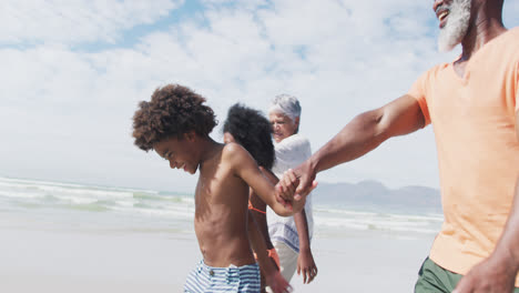 Una-Pareja-De-Ancianos-De-Raza-Mixta-Con-Nietos-Caminando-Y-Tomados-De-La-Mano-En-La-Playa