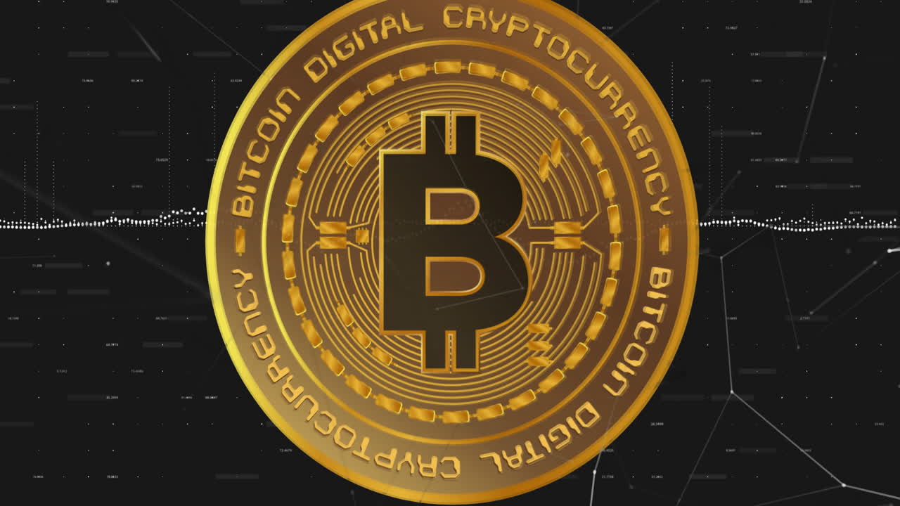 Animation of bitcoin symbol over network of connections and data processing against black background