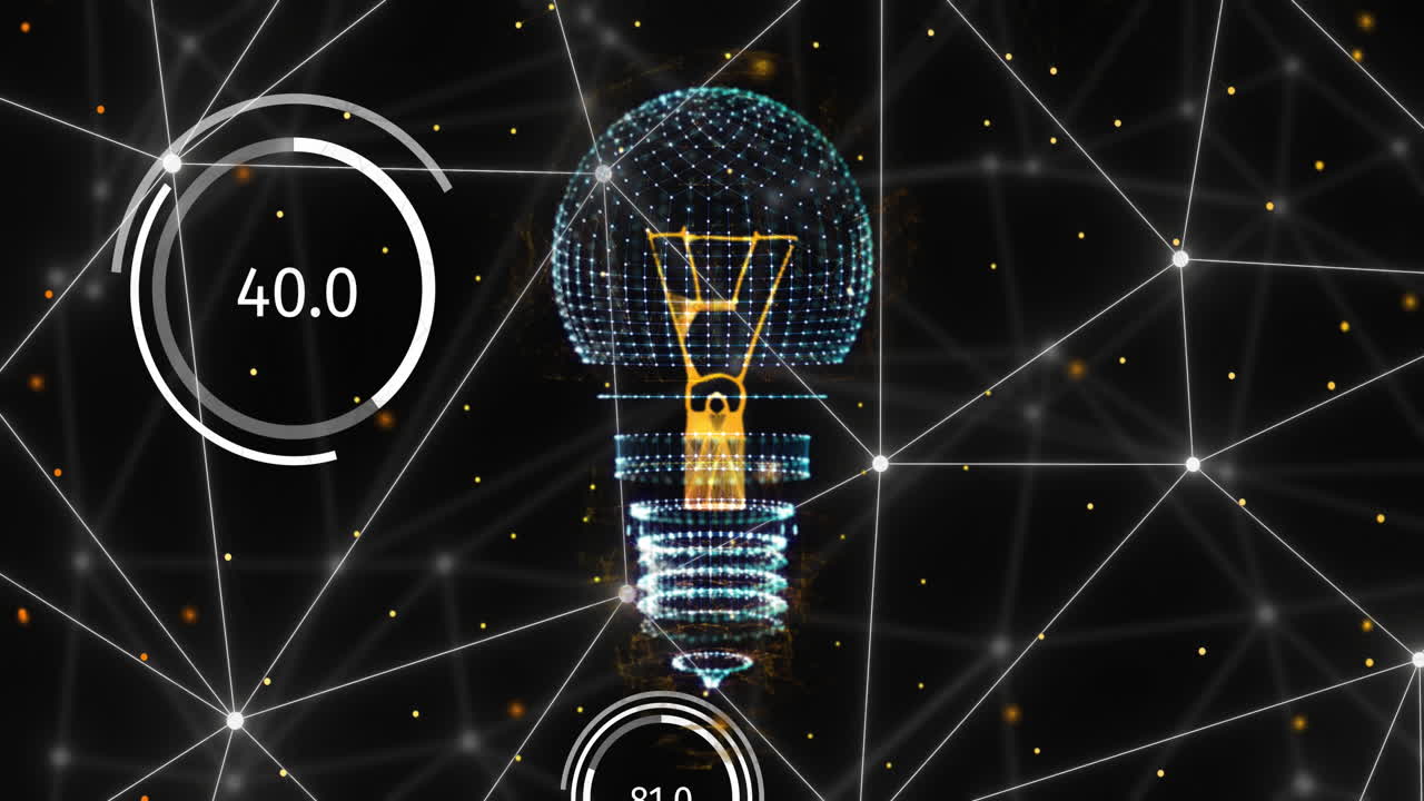 Animation of network of connections and light bulb over black background