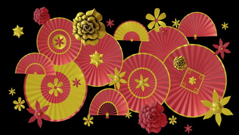 Animation-of-chinese-red-and-gold-pattern-on-black-background