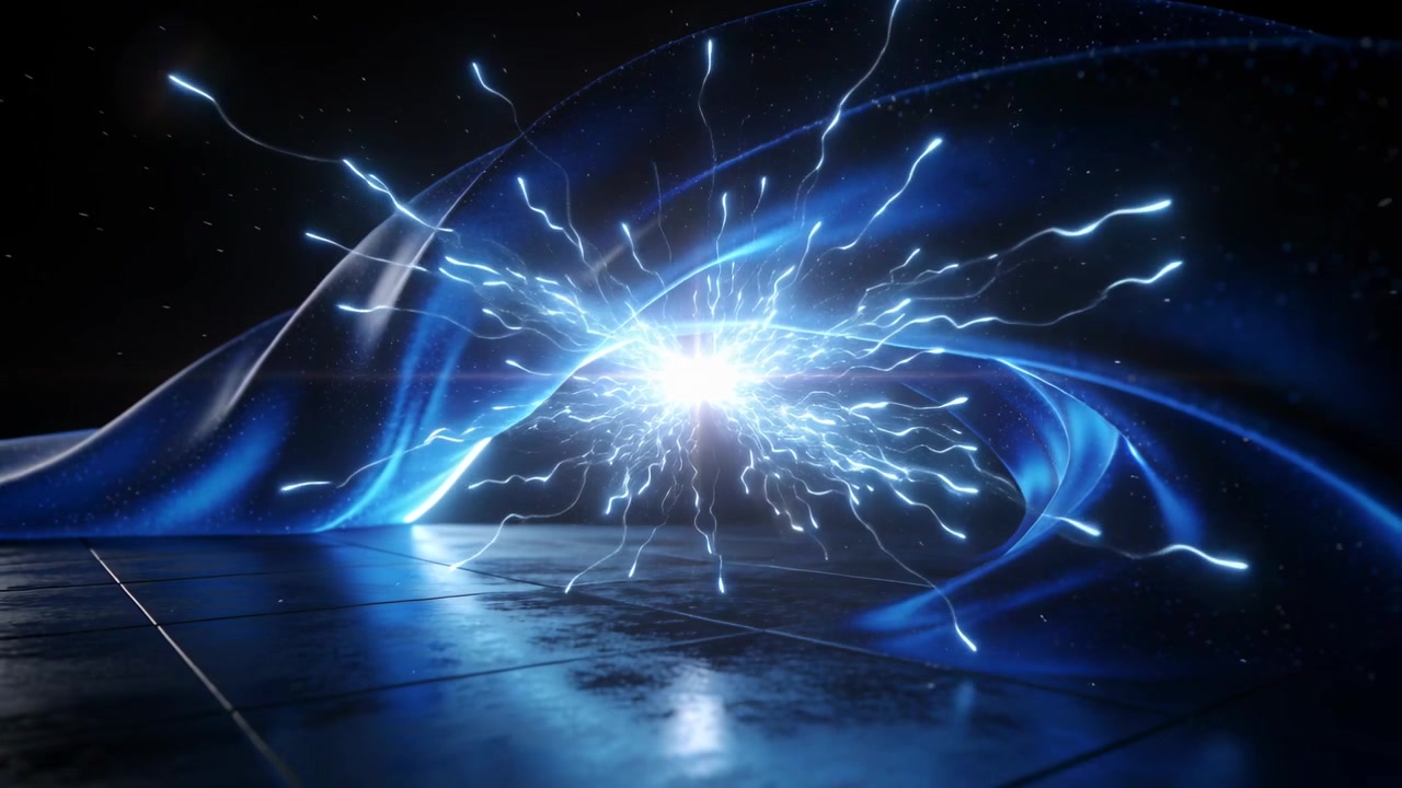 Arco di nastro blu che si forma su un pavimento lucido, con un punto a stella che appare, cresce in un nucleo ed emette filamenti.