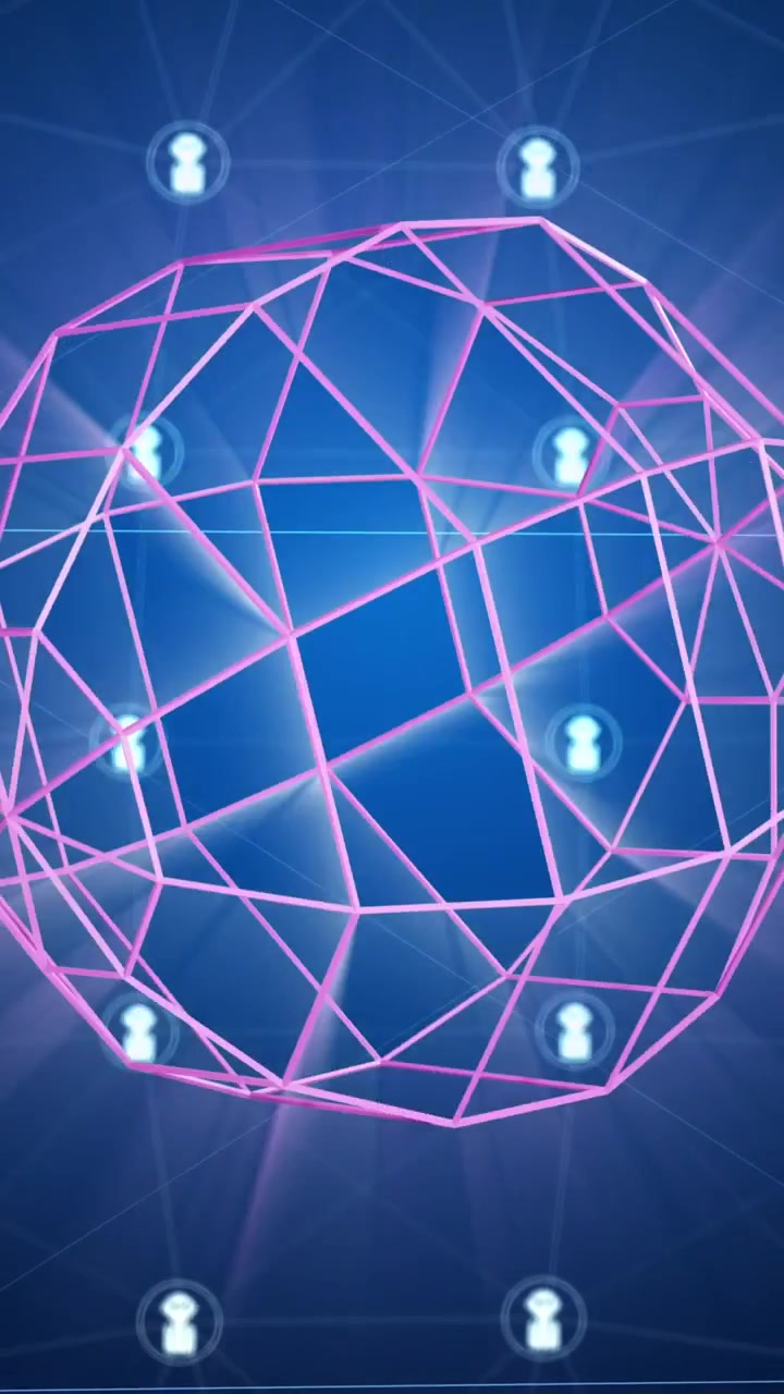 Animazione di forme 3D in movimento su icone di chatbot ed elaborazione dati.