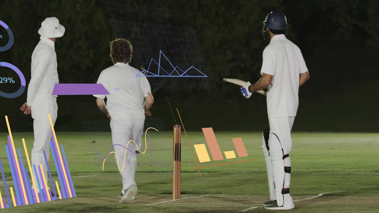 Giocatore di cricket che lancia la palla da destra, battitore che avanza e colpisce, HUD che traccia il tiro per segnare punti