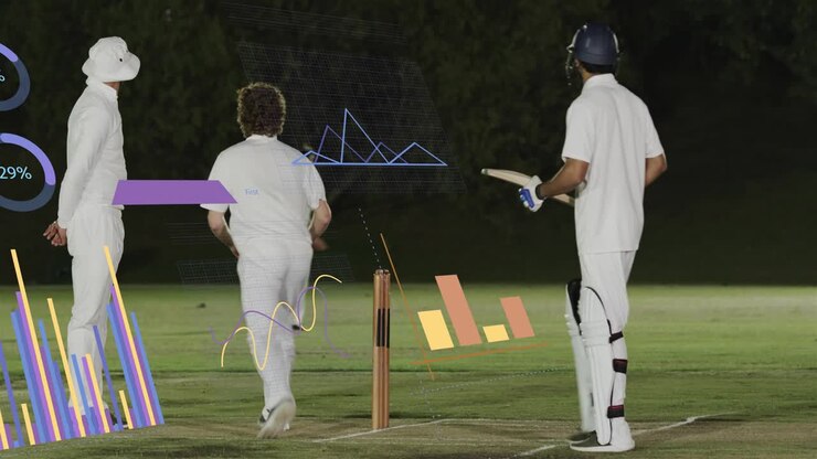Giocatore di cricket che lancia la palla da destra, battitore che avanza e colpisce, HUD che traccia il tiro per segnare punti
