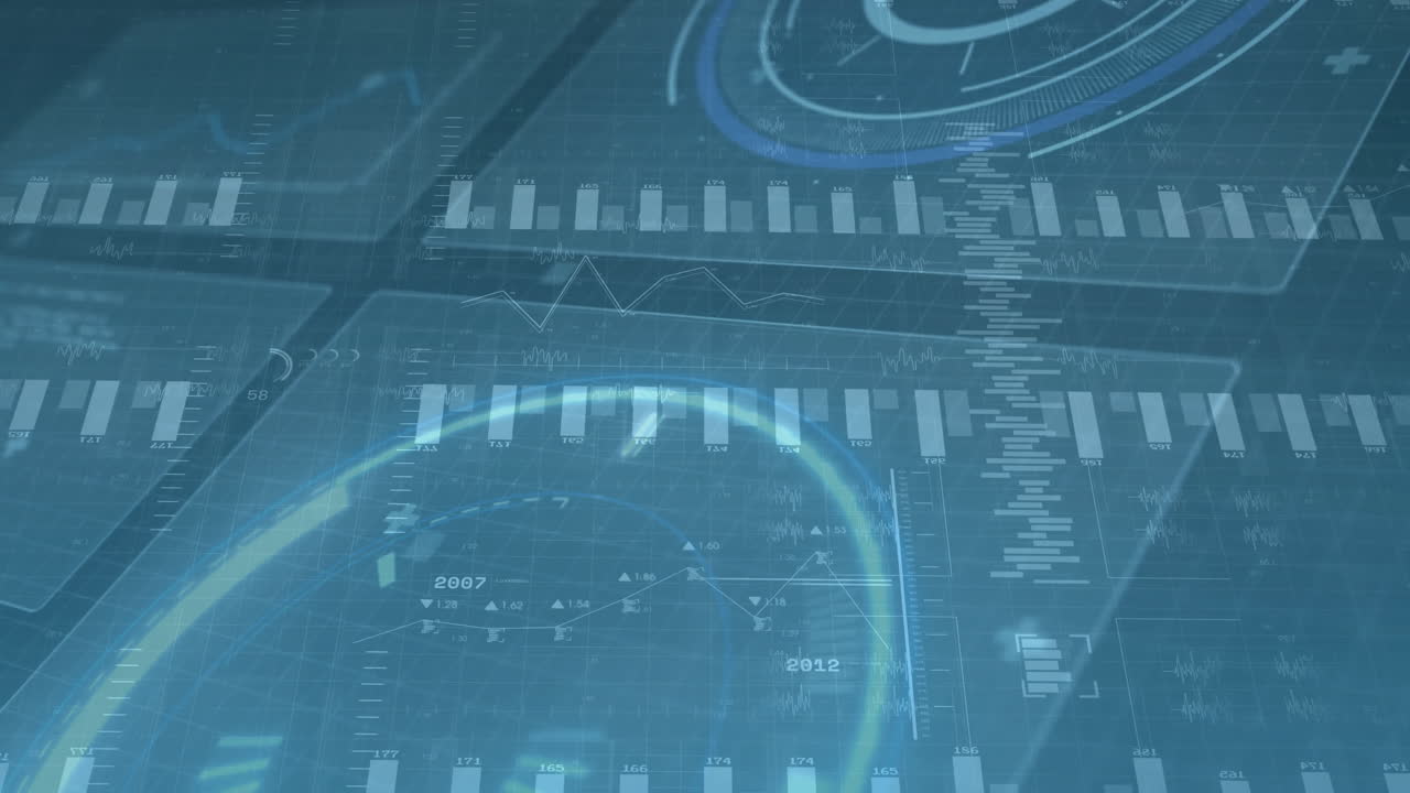 Financial data charts and graphs animation over futuristic blue background