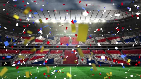 animation of flag of uk and confetti over stadium