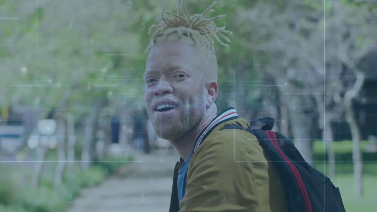 Smiling person with backpack walking outdoors, digital data overlay animation