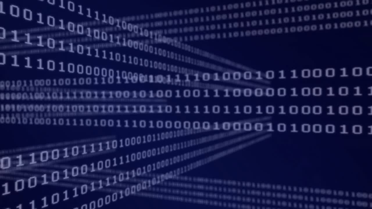 Animation of binary coding and data processing over dark background